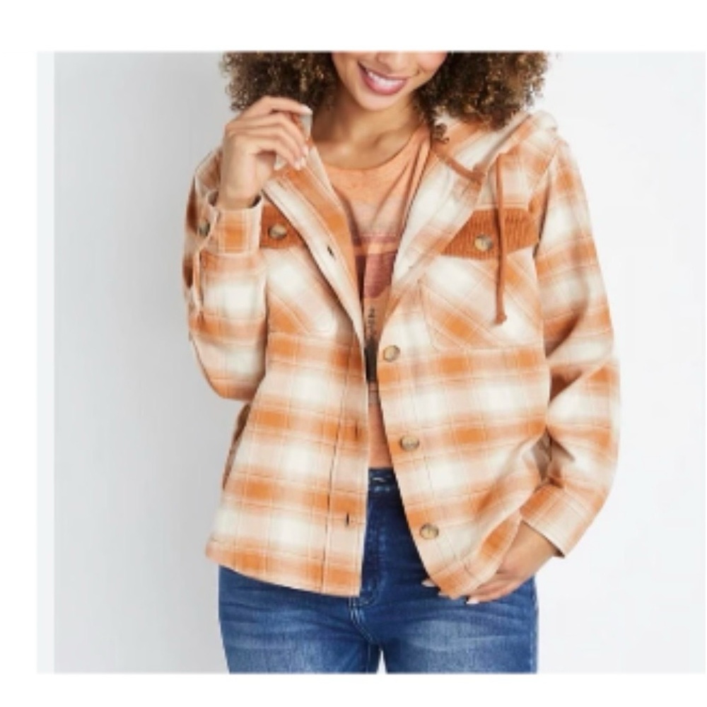 Maurices Orange Plaid Hooded Utility Jacket